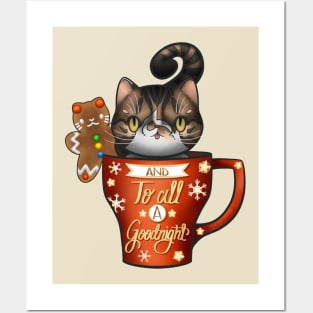 “And to all a goodnight” Sweet Sugar the tabby with a gingerbread man in a teacup Posters and Art